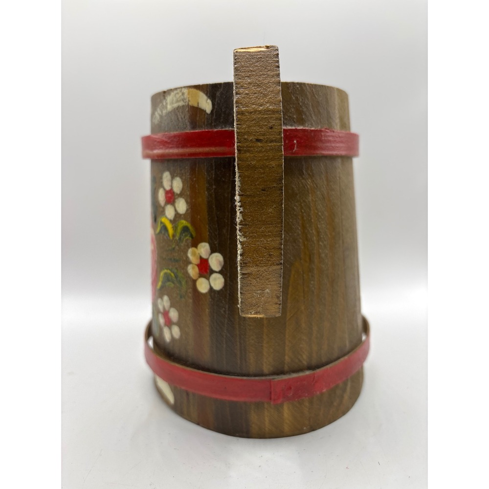 Vintage Hand Painted Wooden Beer Stein Floral Rose Rustic Barrel Tankard Mug - Picture 2 of 6